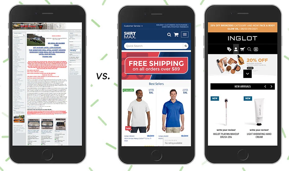 Example of one landing page with a column layout that doesn't adapt to mobile vs. two pages adapted to mobile device