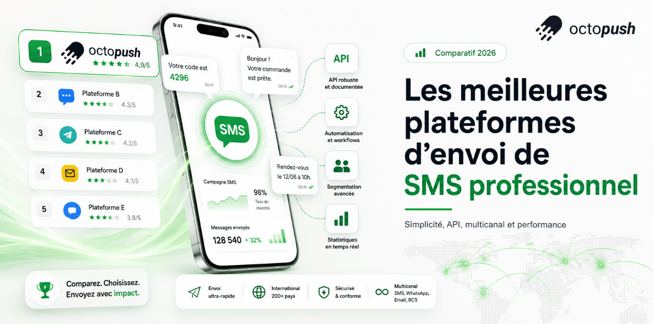Comparatif des meilleures plateformes d’envoi de SMS professionnel, avec Octopush en tête pour sa simplicité, son API et ses fonctionnalités multicanales.
